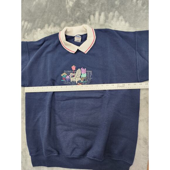 Vintage 90s Gildan Collared Embroidered Sweatshirt Size L Blue White Pink Casual - Picture 8 of 10